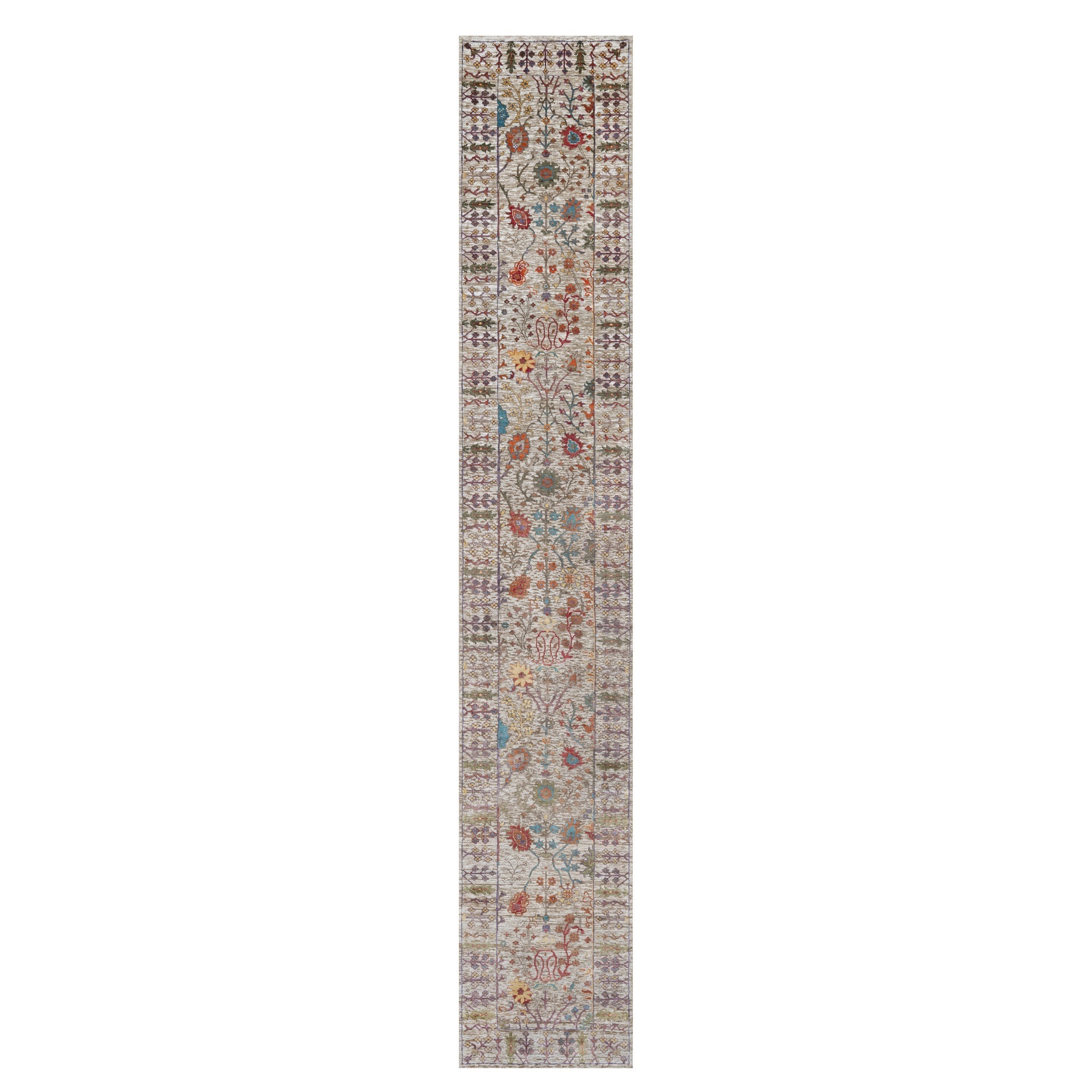 2'8"x16'2" Daisy White with Brown, Directional Vase Design, Silk with Textured Wool, Hand Knotted, XL Runner, Oriental Rug 